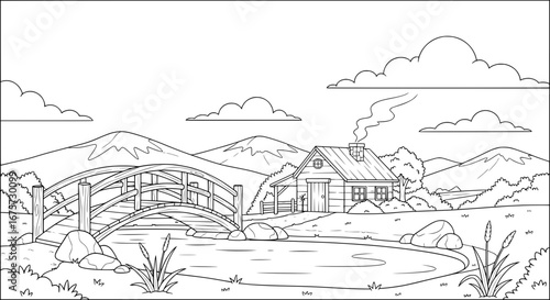 Scenic mountain landscape with river and cabin with transparent background