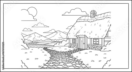 Countryside cottage with thatched roof and mountain view with transparent background