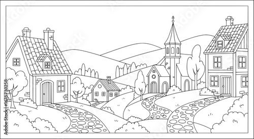 Line art landscape with hills and houses with transparent background