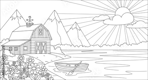Mountain landscape with lake and barn with transparent background