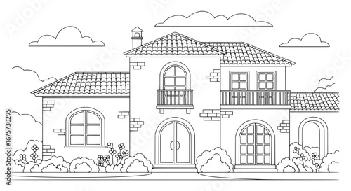 House with detailed architecture and landscape with transparent background