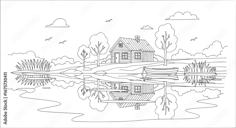 Obraz premium Scenic lakeside cabin with trees and boat with transparent background