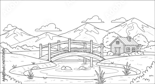 Scenic mountain landscape with wooden bridge and cabin with transparent background