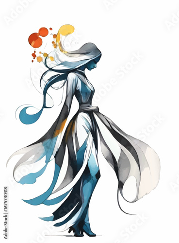 dancing lady with floating veils abstract watercolor vector illustration