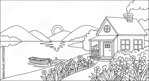 Hillside house with river and boat with transparent background