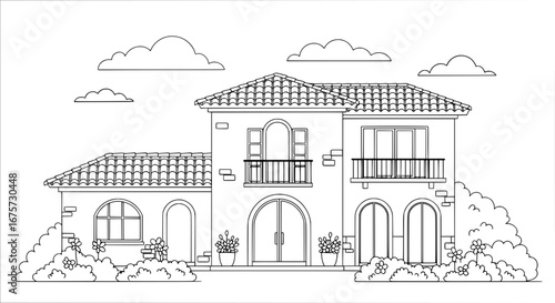 House with detailed architecture and clouds with transparent background