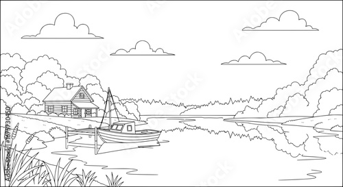 Scenic lakeside with house and boat with transparent background
