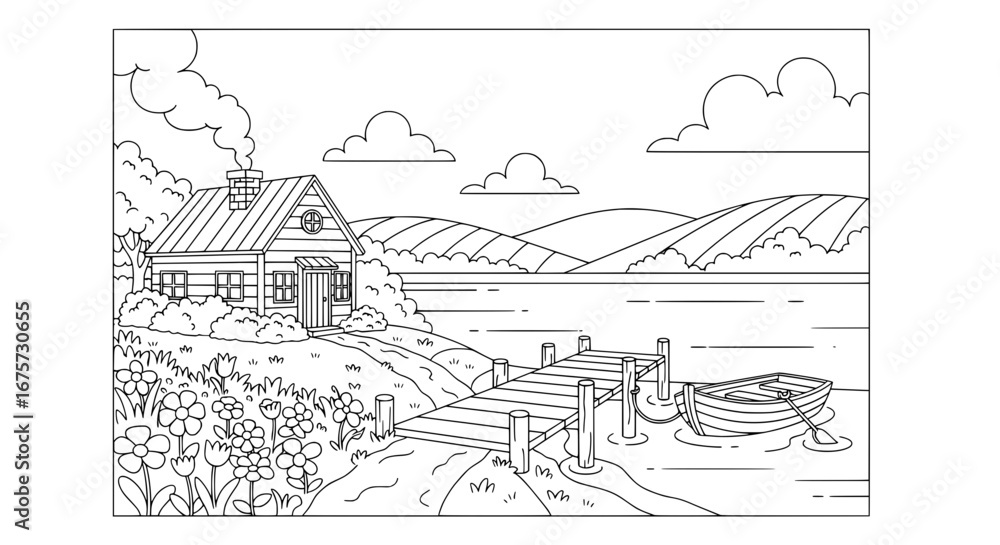 Fototapeta premium Scenic lakeside cabin with transparent background
