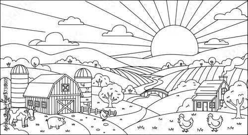Farm scene with barn animals and sunrise with transparent background