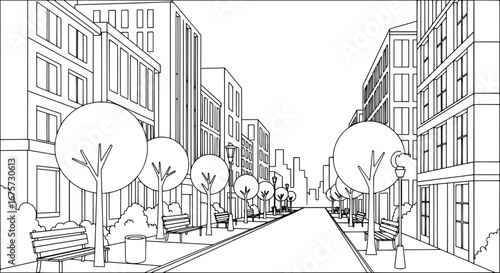 City street with trees and benches with transparent background
