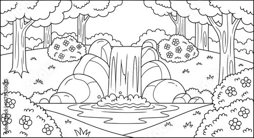 Waterfall with flowers and trees on a landscape background with transparent background