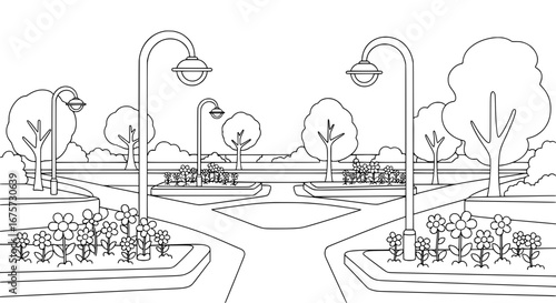 Park pathway with streetlights and trees with transparent background