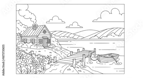 Scenic lakeside cabin with transparent background