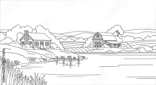 Rural landscape with houses, trees, and fields with transparent background