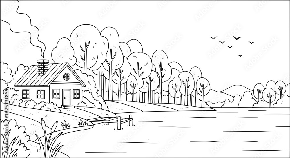Obraz premium Quiet lakeside cabin with trees and mountains in background with transparent background