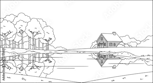 House by lake with transparent background