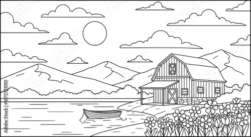 Rural lakeside barn landscape with transparent background