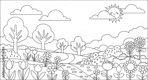 Landscape with trees, flowers, and clouds with transparent background