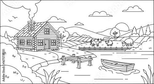 Scenic riverside cabin with transparent background