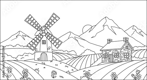 Scenic landscape with windmill and mountains with transparent background