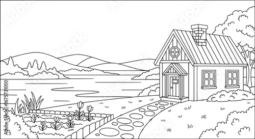 Landscape scene with house and river with transparent background