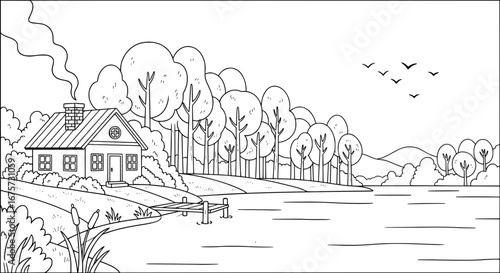 Quiet lakeside cabin with trees and mountains in background with transparent background