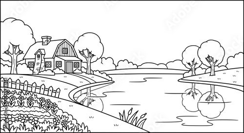Rural lakeside scene with trees and house with transparent background