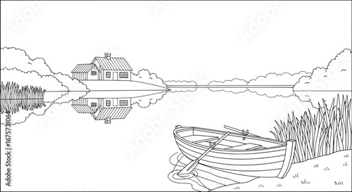 Line drawing of rural landscape with lake and boat with transparent background