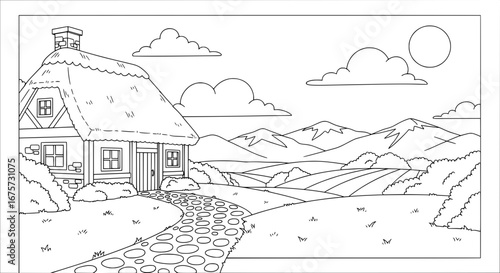 Scenic mountain landscape with cozy cottage and cloudy sky