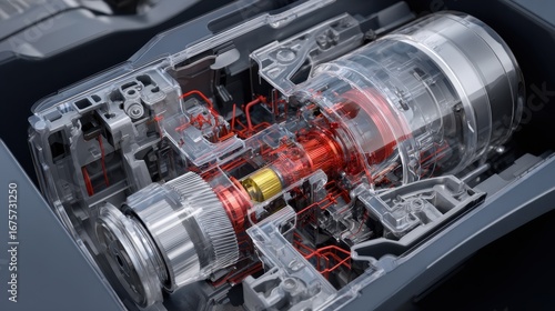 Transparent Cutaway of Electric Vehicle Motor, Gears, and Wiring