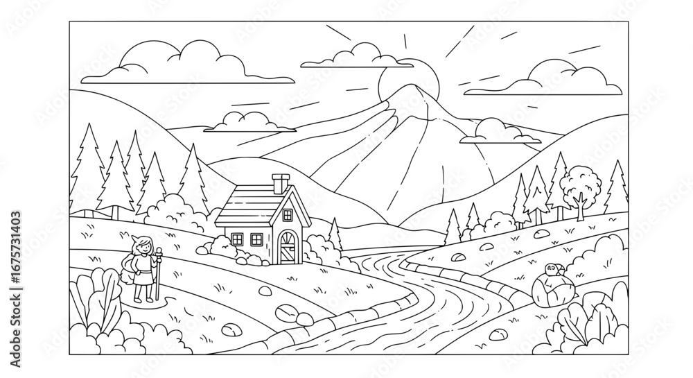 Fototapeta premium Scenic mountain landscape with house and hikers with transparent background