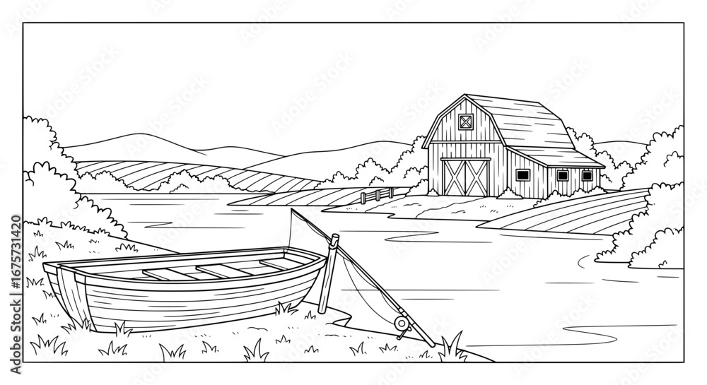 Fototapeta premium Scenic landscape with boat and barn in rural setting
