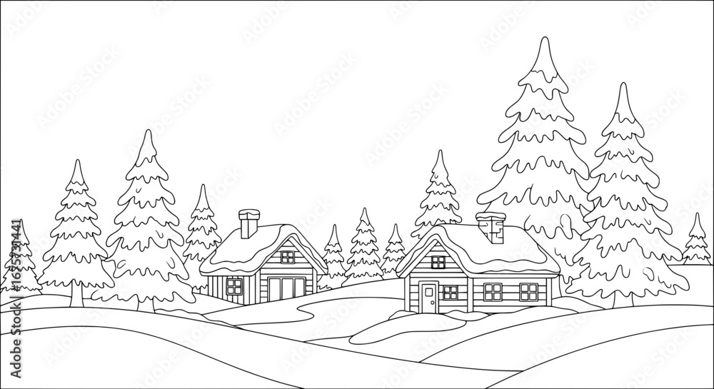 Naklejka premium Scenic mountain landscape with pine trees and cabins with transparent background