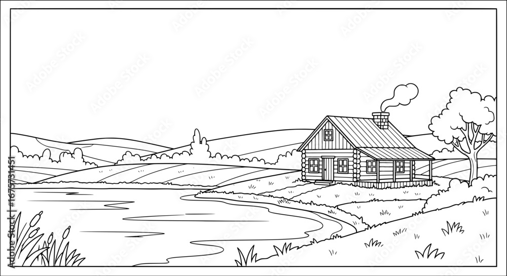Fototapeta premium Rural landscape with house and trees with transparent background