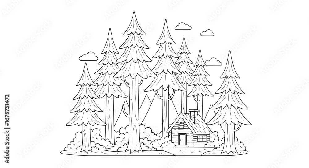 Naklejka premium Line art of pine trees with a cabin and clouds with transparent background