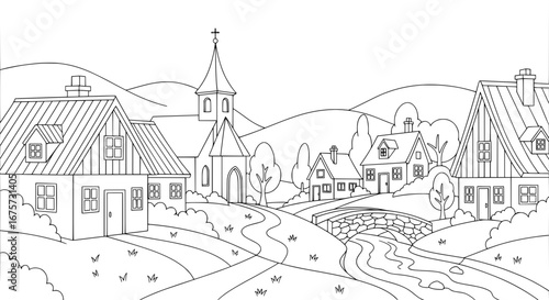Village scene with church houses trees and river with transparent background
