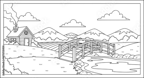 Scenic mountain landscape with cottage and bridge with transparent background