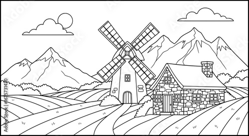 Scenic landscape of mountains windmill and farm with transparent background