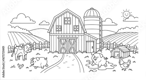 Farm with barn chickens and cows with transparent background