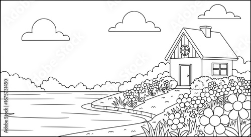 Landscape of house and garden with transparent background
