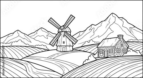 Scenic landscape of mountains windmill and farmhouse with transparent background
