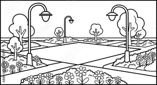 Park with street lamps and flowering plants with transparent background