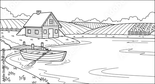 Rustic cabin and boat on river with transparent background