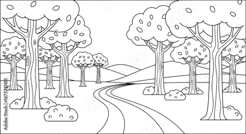 Scenic forest with trees and winding path with transparent background