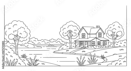 Landscape with house and trees with transparent background