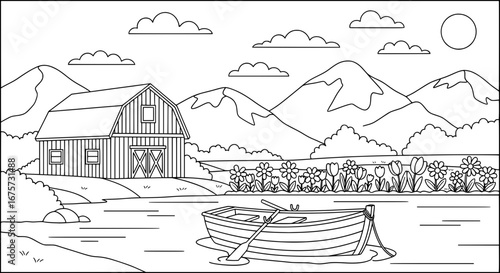 Rural landscape with barn mountains and boat with transparent background