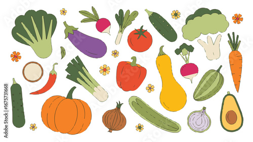 Diverse Selection of Fresh Vegetables and Yellow Flowers in a Whimsical Illustration Style