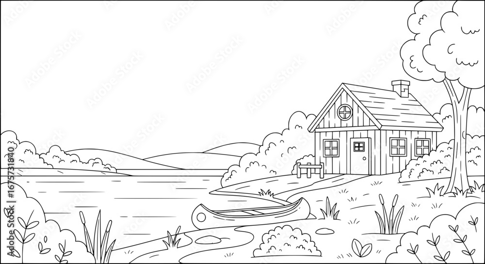 Obraz premium Landscape scene of a lakeside house with transparent background