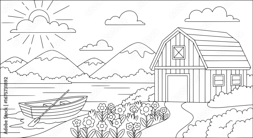 Obraz premium Scenic lake with mountains, boat, and shed with transparent background
