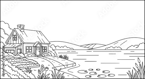 Landscape with house, lake, and hills with transparent background